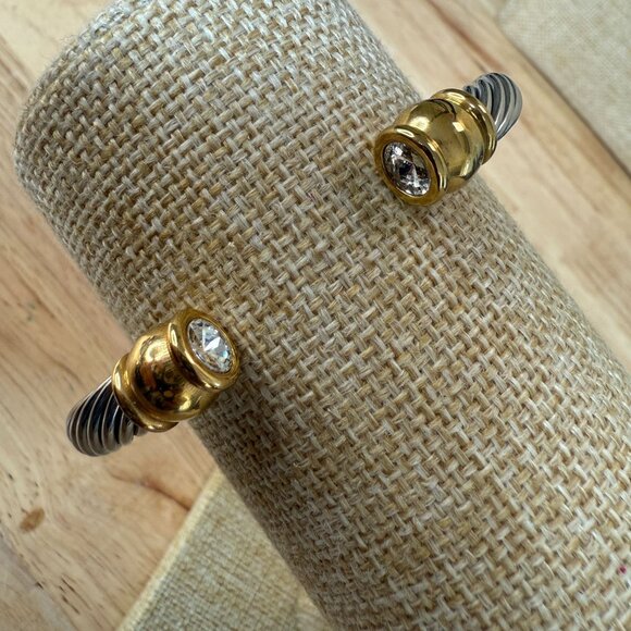 Classic Cable Twisted Wire Cuff Bracelet With Gold-Tone Ends & Clear Stone - Picture 2 of 11